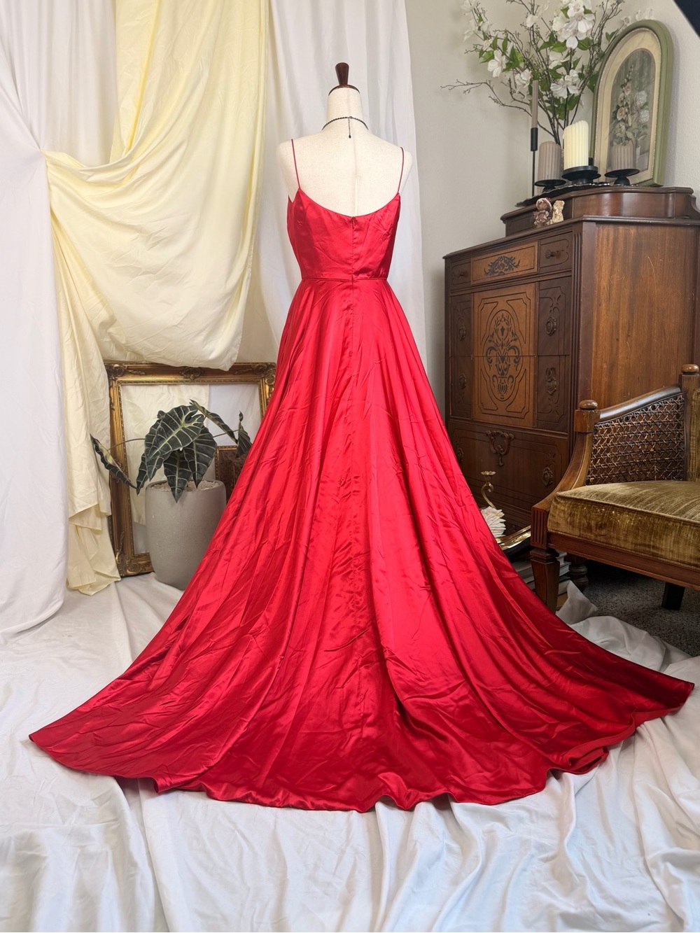 Sherri Hill Red Satin Evening Gown - Sleeveless Spaghetti Strap Dress - Prom